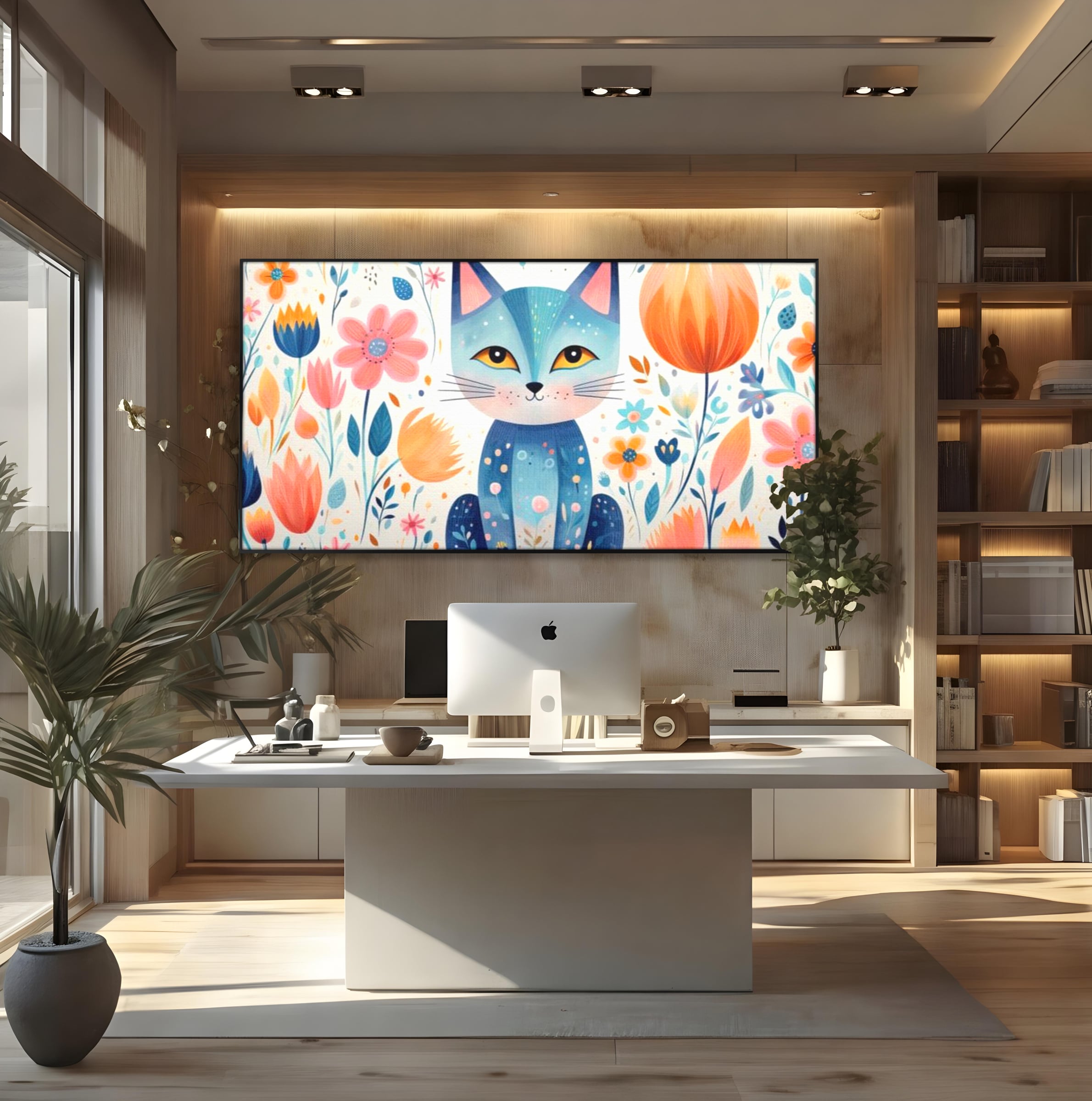 Tablou canvas cu ilustratie digitala cu pisica albastra si flori, in rama de aluminiu negru, pe perete intr-un birou